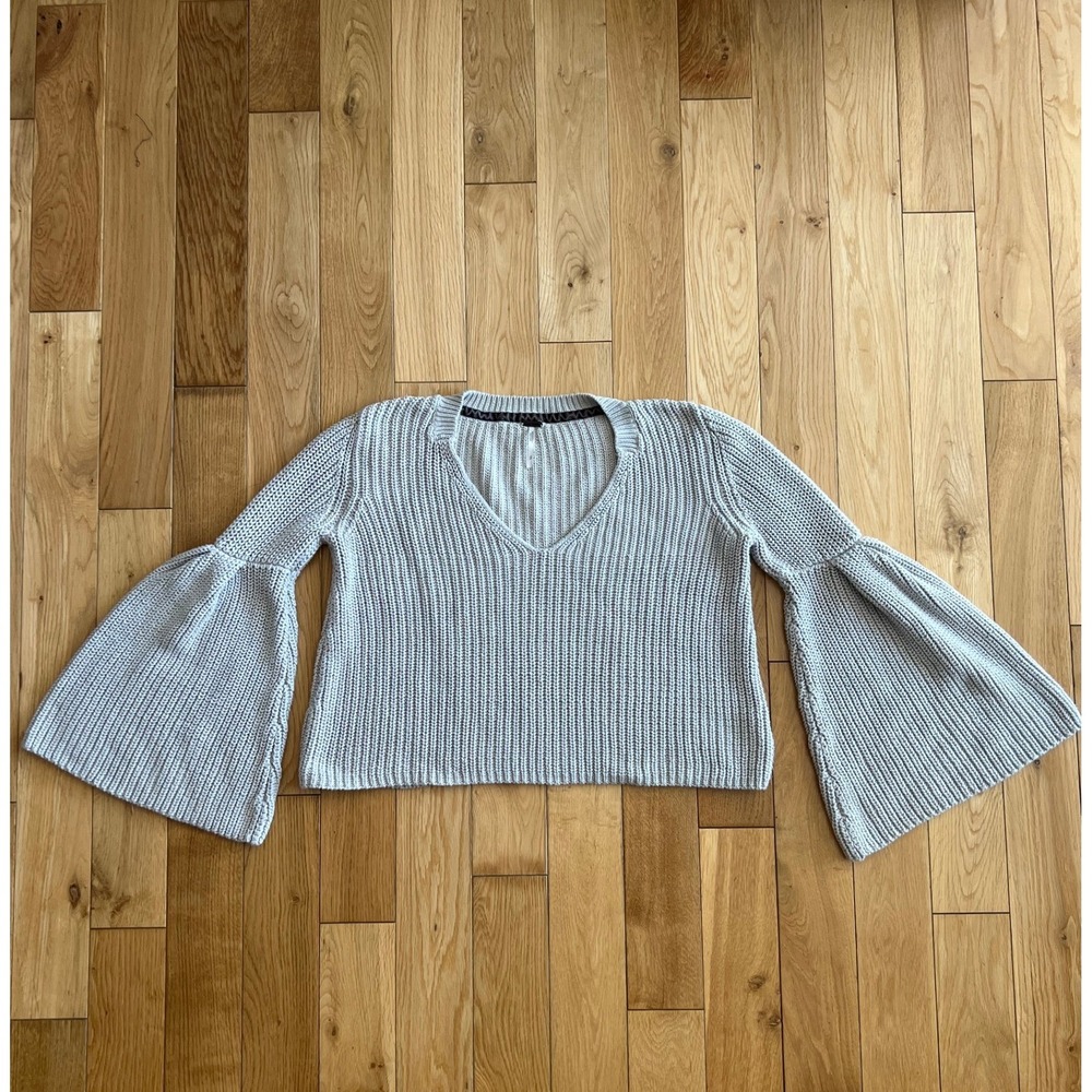 Free People Damsel Knit Bell Sleeve Gray Sweater V Neck Cotton Boho S